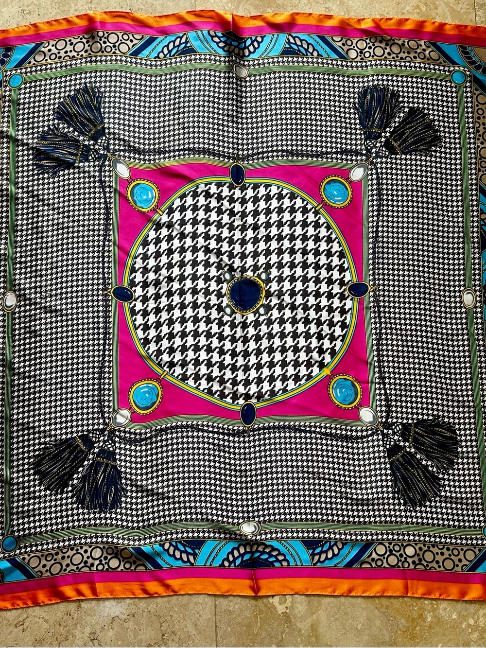 Silk-Style Houndstooth & Tassel Print Scarf in Pink, Black and Blue 33” x 33”